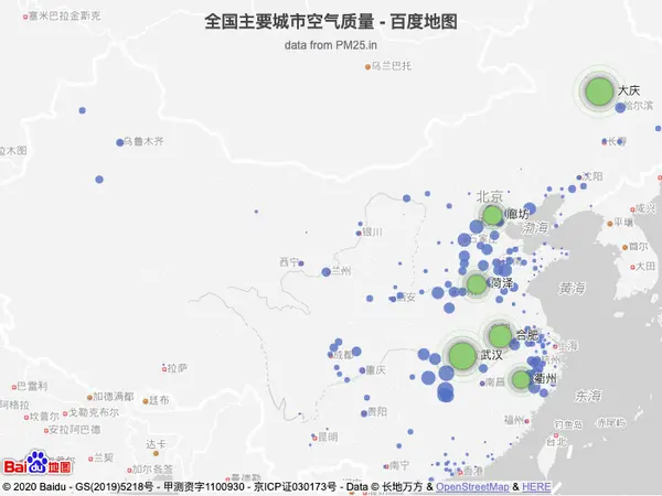 ECharts 百度地图散点图示例 - 全国空气质量地理散点可视化分析